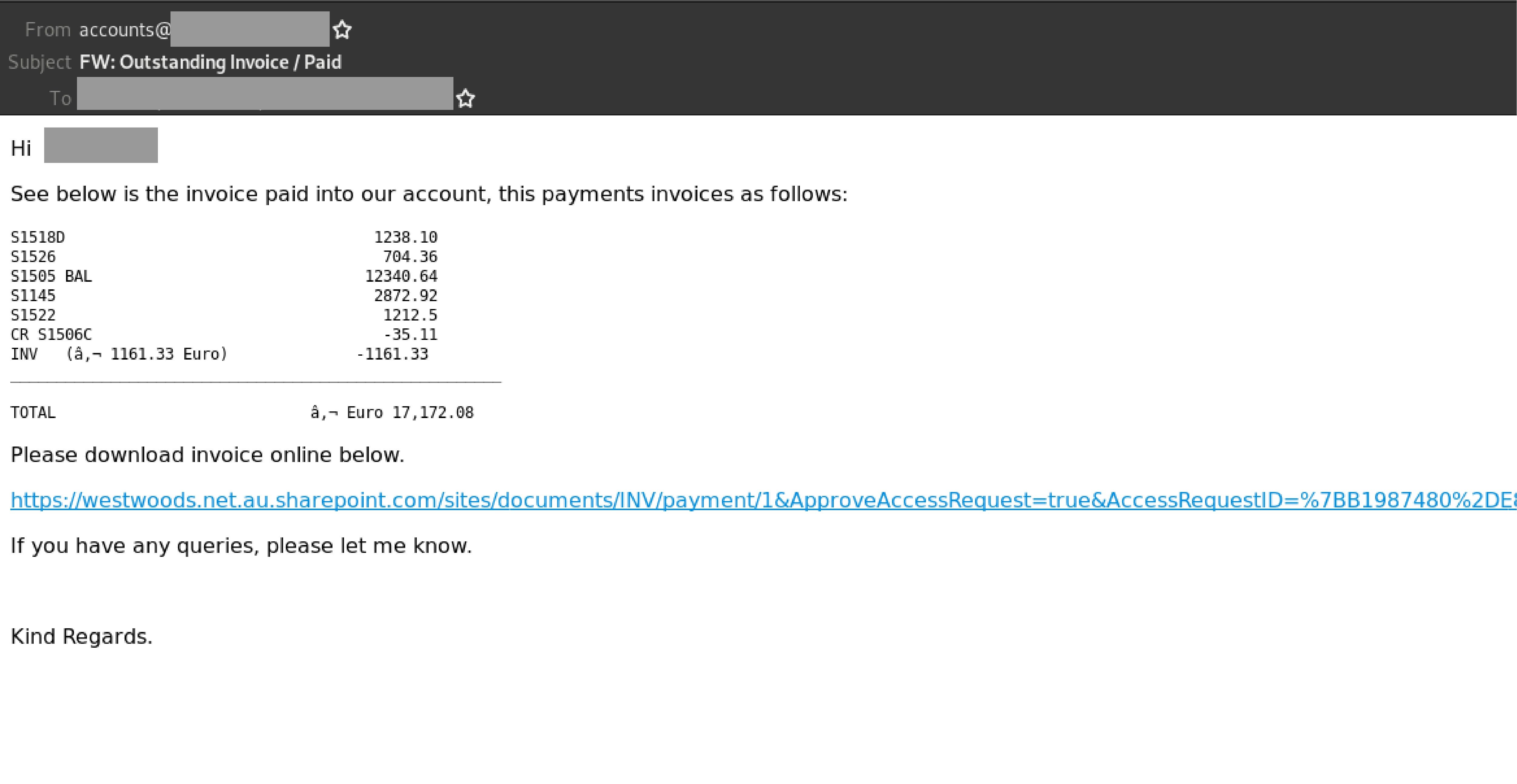 Warning This invoice attachment contains a phishing scam